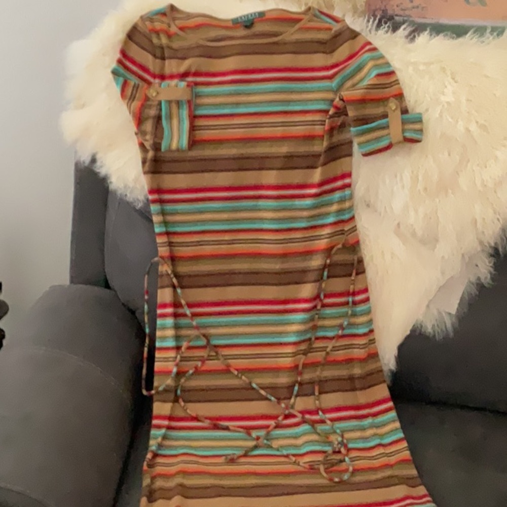 Ralph Lauren Orange and Green 3/4 Sleeve Tie Front Dress
